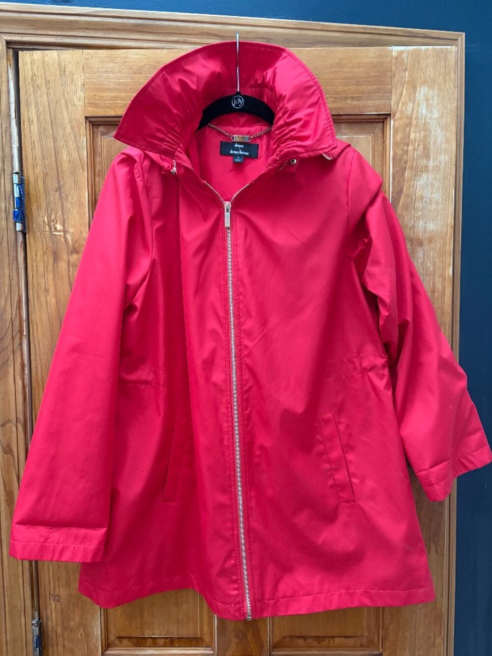 Dennis Basso Red Hooded Rain Jacket Floral Lined Zip Trench Coat Small S